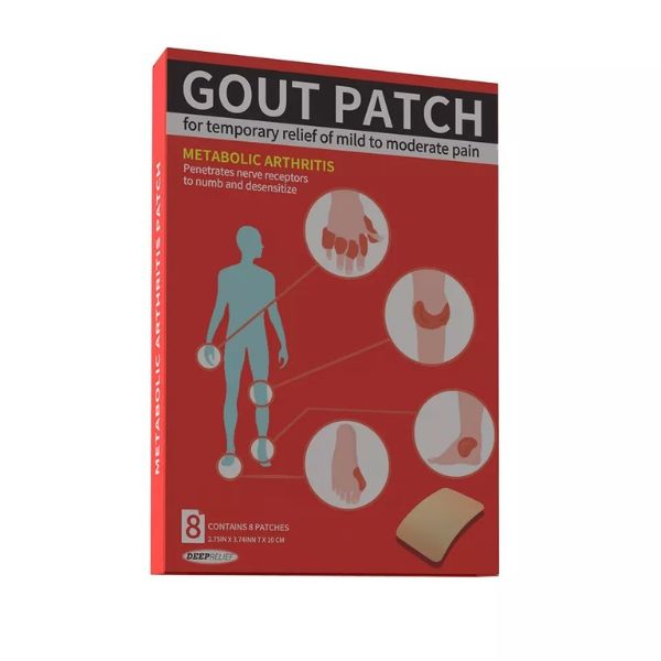 Gout Patch Finger Bunion Toe Pain Relief packaging for temporary relief of mild to moderate pain with illustrations.