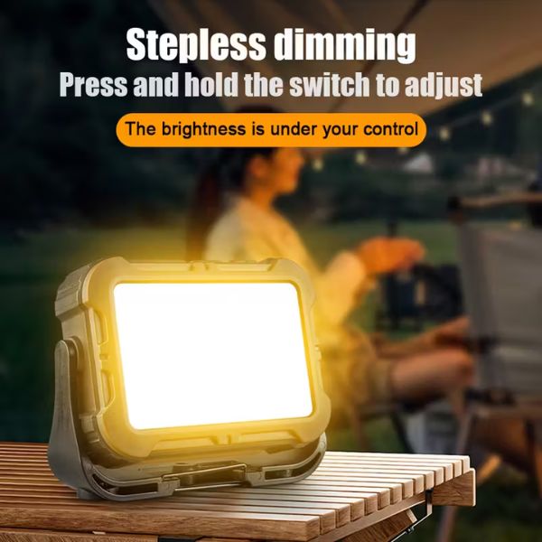 Portable Solar LED COB Work Light with stepless dimming for adjustable brightness control.