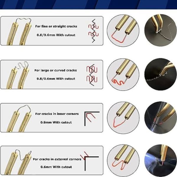 Plastic Welder Hot Stapler Repair Kit showing various metal staples for different crack types and applications.