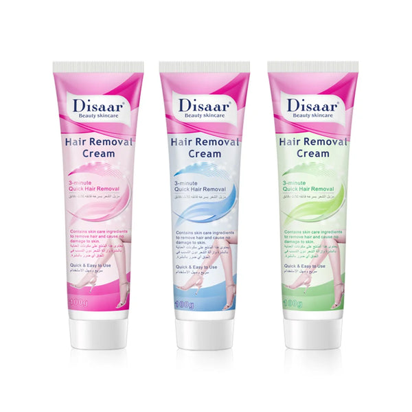 Natural Quick Permanent Hair Removal Cream by Disaar in three tubes for easy hair removal and personal grooming.