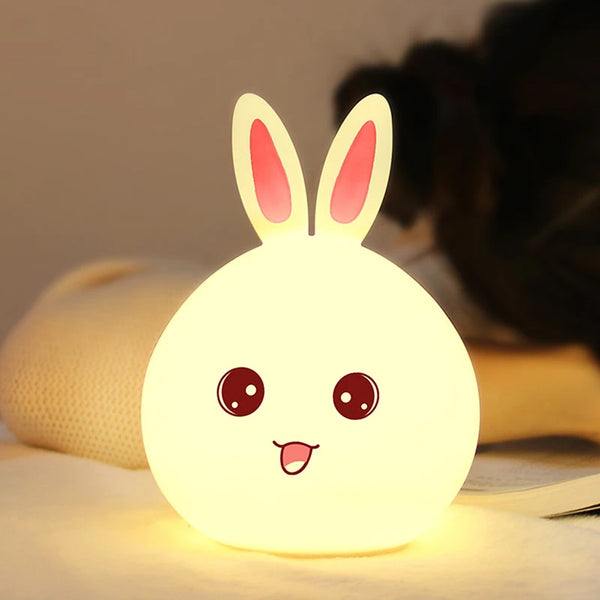 Colour-Changing Rabbit USB Night Light with soft silicone design, perfect for bedrooms and nurseries.