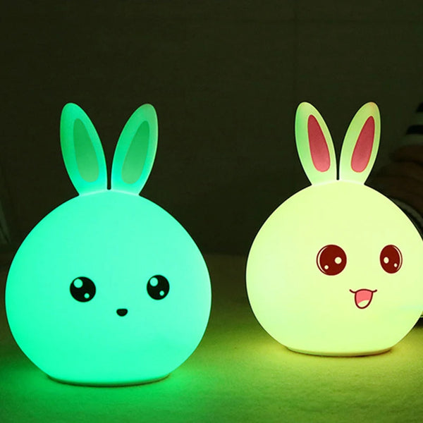 Colour-Changing Rabbit USB Night Light, soft silicone rabbit lamps emitting gentle multicolored light.