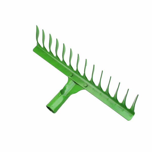 14 Teeth Green Garden Rake for efficient soil leveling and debris gathering in gardens.