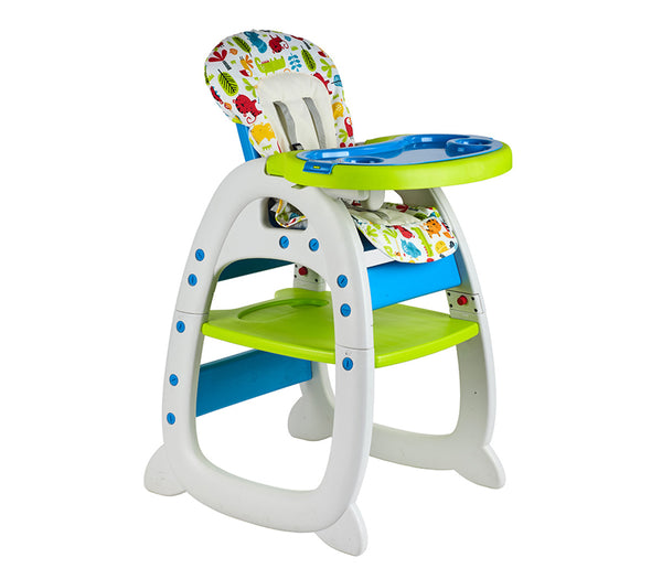 3-in-1 Convertible Baby High Chair & Play Table Set in bright colors with safety features and removable tray.