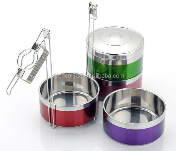 Stainless Steel Single Wall Lunch Box With Lock featuring colorful containers and a secure locking mechanism.