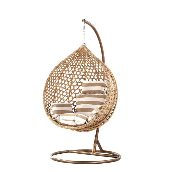 Top Quality Outdoor Magic Rattan Single Sofa Chair with striped cushions in a hanging design, perfect for relaxation.