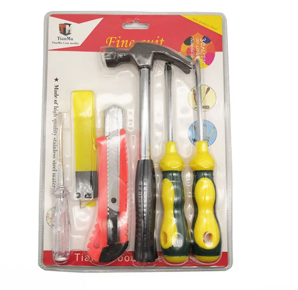 6 Piece Multi Purpose Household Woodworking Tool Kit including hammer, screwdrivers, utility knife, and tools for home maintenance.