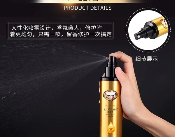 Delicate Protein Leave In Treatment Spray being applied from a spray bottle for hair care.