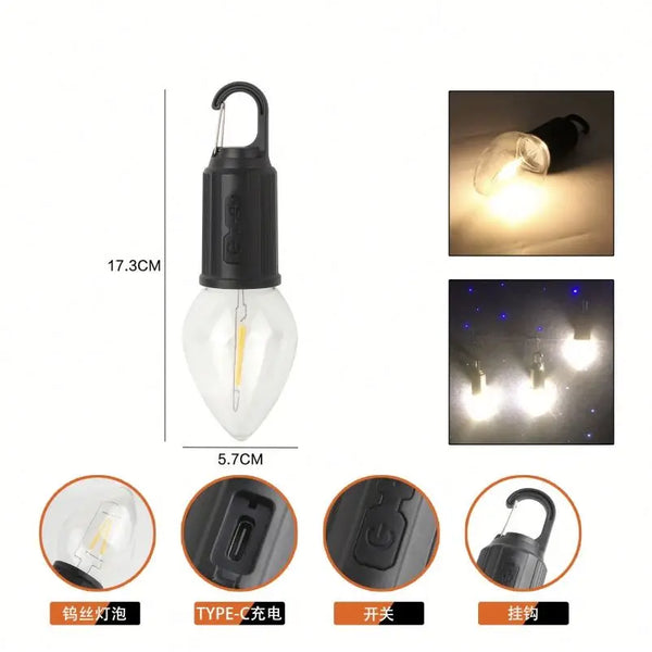 Portable Warm Light Bulb Torch with a hook for easy hanging, perfect for camping and outdoor lighting.