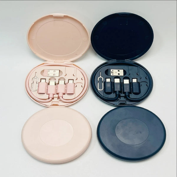 6-in-1 Travel USB Charging Cable Kit displayed in stylish round cases, featuring various charging connectors for versatile use.