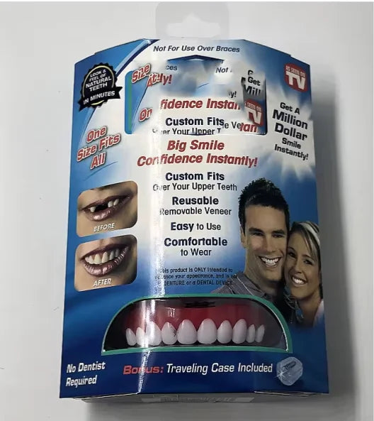 Upper and Lower False Teeth Veneer Covers packaging featuring before and after smiles, promoting confidence and comfort.
