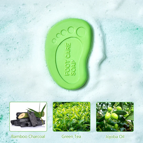 Bamboo Charcoal Green Tea Foot Care Soap on a bubbly surface with bamboo charcoal, green tea, and jojoba oil ingredients.