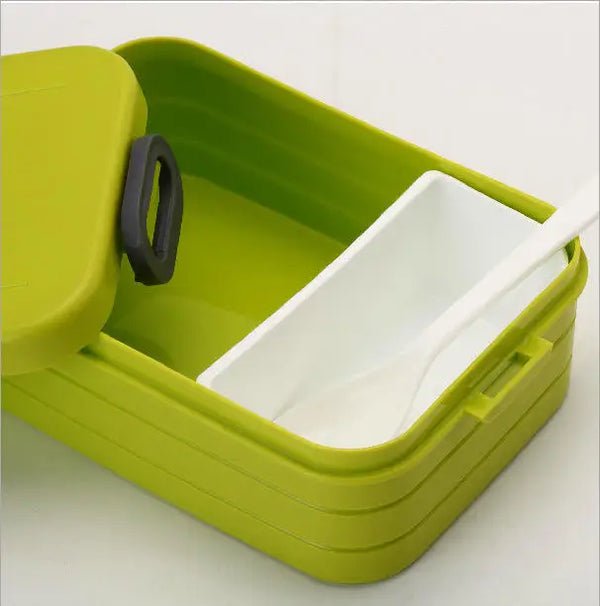 Lunch Box Water Cup Set - Bento Meal & Drink Set, green lunch box with white inner container and spoon.