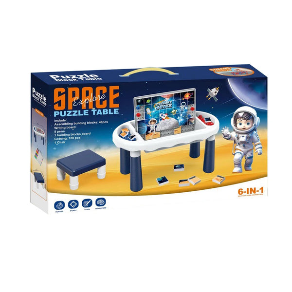 2-in-1 Kids Activity Table with Building Blocks and Drawing Board packaging featuring building blocks and drawing board.