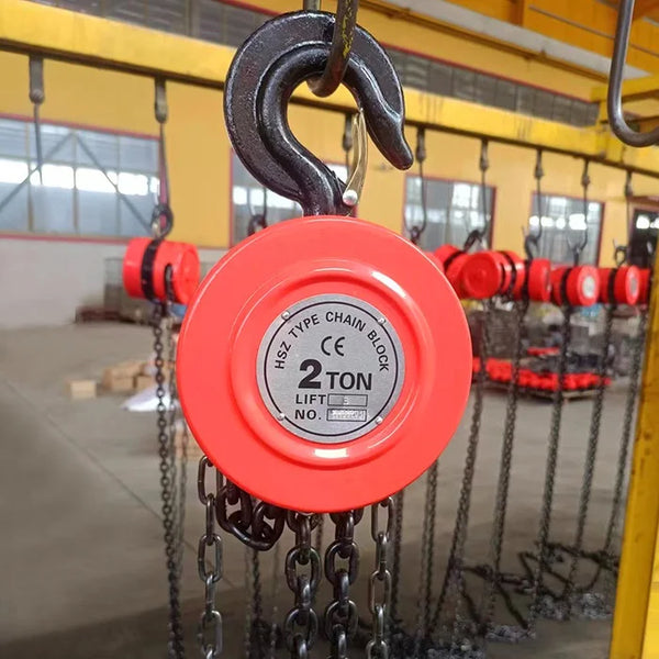 European Hook Manual Chain Hoist with a 2-ton lifting capacity in a warehouse setting.