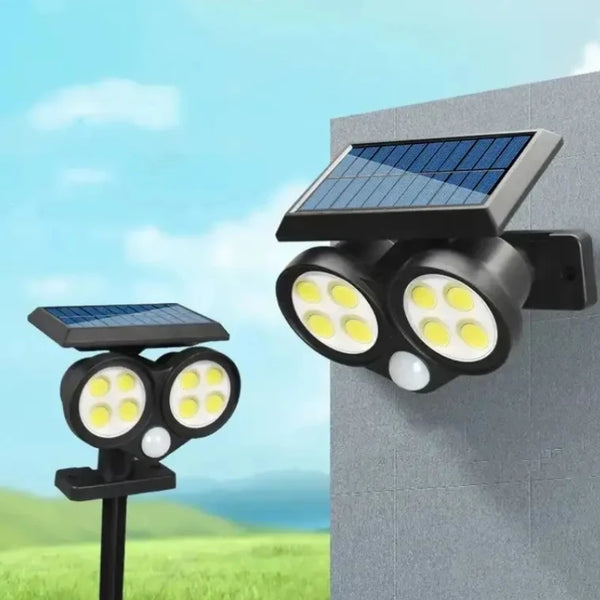 Outdoor Solar LED Garden Lamp with dual light heads and solar panel for efficient outdoor lighting.