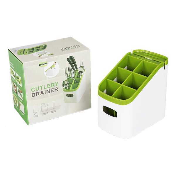 Modern Multifunctional Kitchen Countertop Storage Rack displaying a cutlery drainer with compartments and packaging.