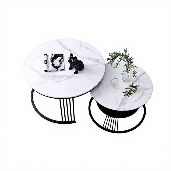 Modern Black Coffee Table set with round marble tops and sleek black bases, perfect for contemporary living spaces.