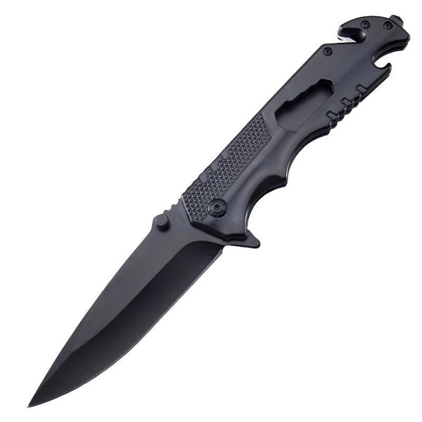 High Hardness Steel Folding Survival Pocket Knife with a black blade and ergonomic handle for outdoor tasks.