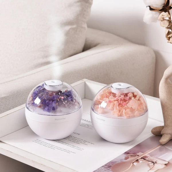Mini Ultrasonic Cool Mist Humidifier with floral scents displayed on a table.