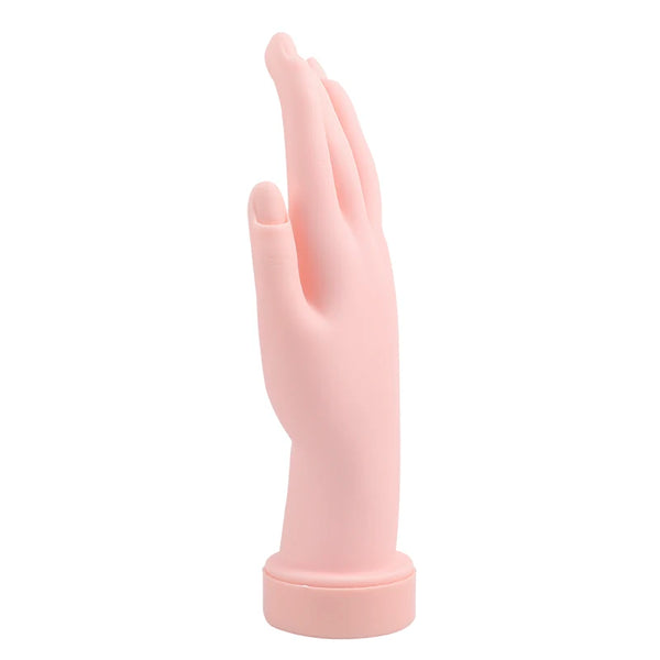 Flexible Soft Plastic Nail Art Practice Hand in pink with bendable fingers for nail art training.