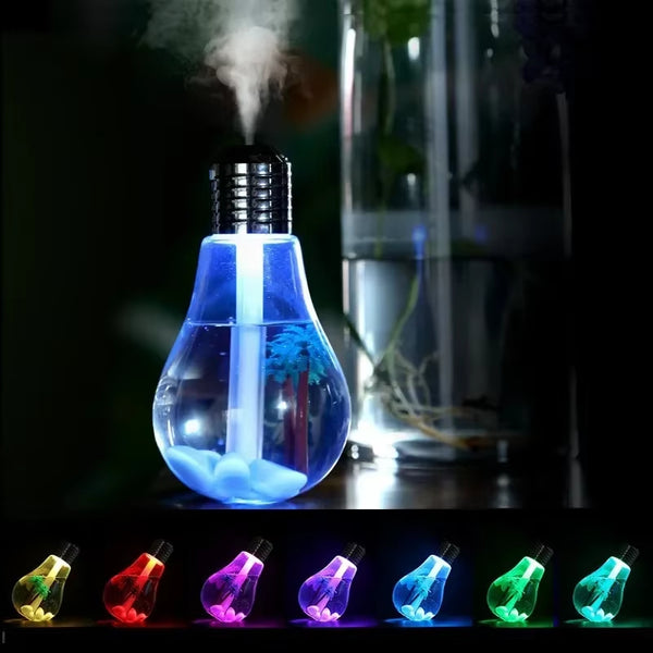 Desktop Portable Bulb Humidifier emitting mist with colorful LED lights, perfect for adding moisture and style to any space.