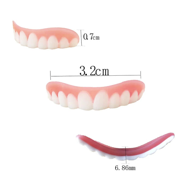 Upper and Lower False Teeth Veneer Covers displayed from different angles with measurements for cosmetic dental enhancement.