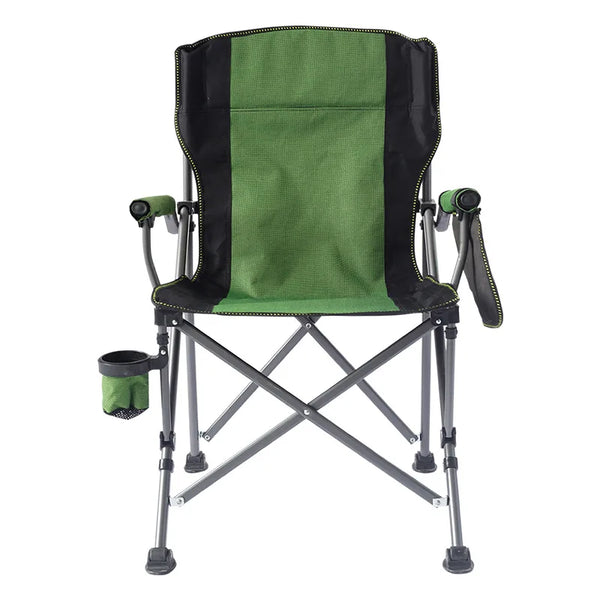 Lightweight Portable Metal Folding Chair in green color with cup holder, ideal for outdoor activities.