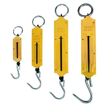 Pocket Balance Portable Spring Hand Scale set showcasing various sizes for weighing items.