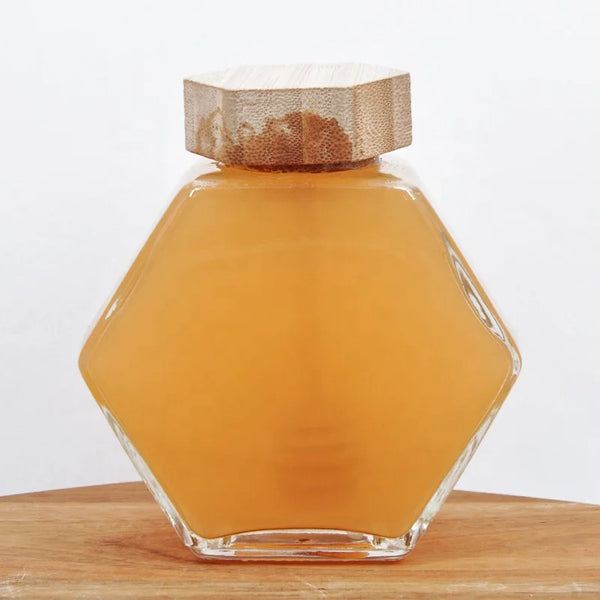 Hexagon Honey Glass Jar with Wooden Lid