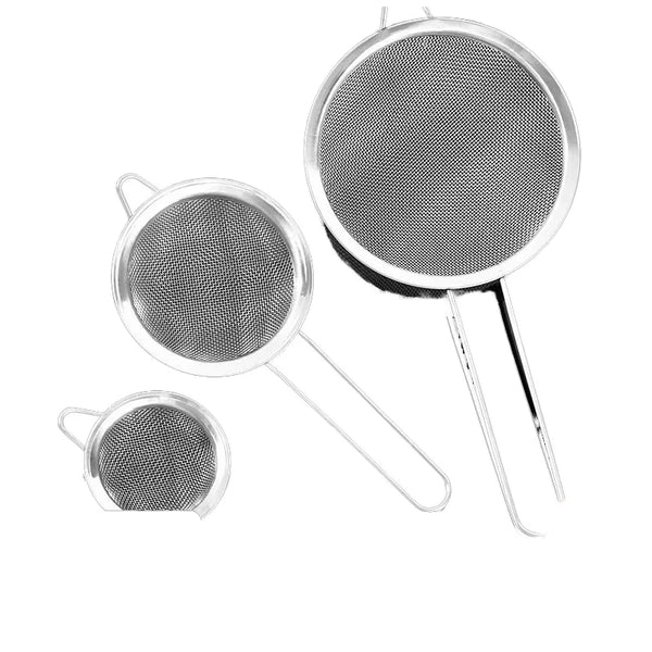 Ultra Fine Mesh Stainless Steel Skimmer Spoon set with three different sizes for versatile kitchen use.