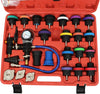 28 Piece Universal Radiator Pressure Tester Kit with various adapters and pressure gauge for diagnosing cooling system leaks.