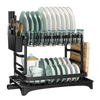 Double Layer Iron Dish Rack with Wine Glass Holder displaying dishes and glassware in a stylish, space-saving design.