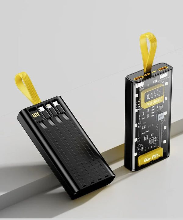 12000mAh Transparent 22.5W Fast Charging Power Bank with digital display and yellow strap on a gray surface.