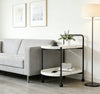 2-Tier Marble-Effect Side Table on Wheels with Black Metal Frame beside a sofa in a modern living room.