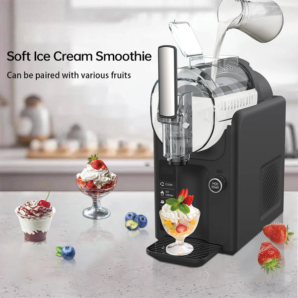 Professional Countertop Slushy Maker Electric Ice Machine making soft ice cream smoothies with fruits.
