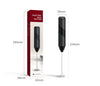 Electric Handheld Milk Frother with dimensions; ideal for making creamy foam for coffee drinks.