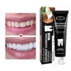 Coconut Charcoal Toothpaste Mint Extract packaging and teeth whitening results before and after using.