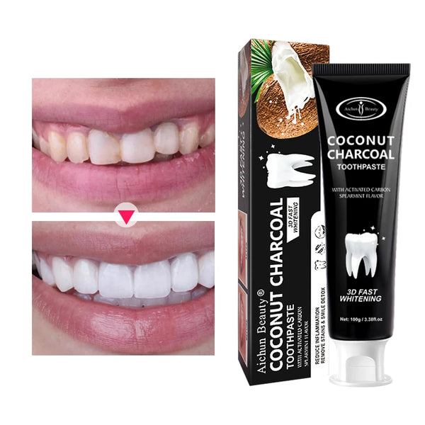Coconut Charcoal Toothpaste Mint Extract packaging and teeth whitening results before and after using.