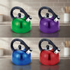 2.5L Stainless Steel Whistling Outdoor Camping Kettle in green, purple, blue, and red colors on a kitchen countertop.