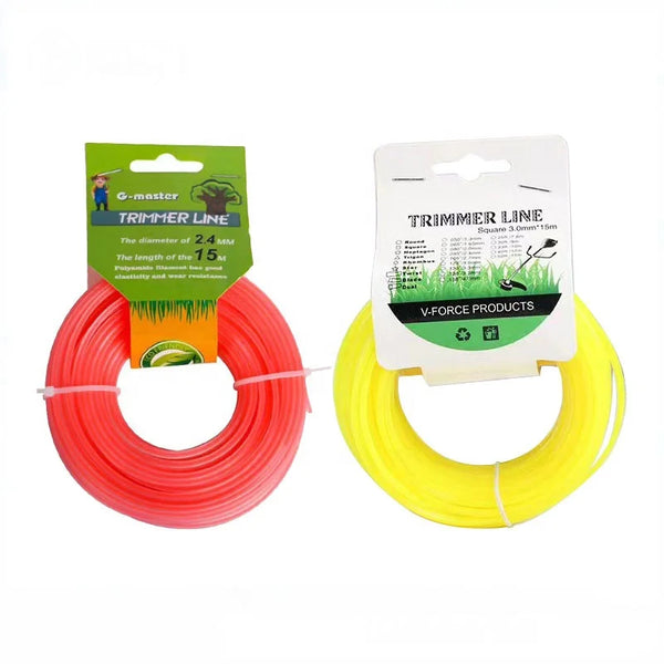 Heavy-Duty Trimmer Line 10m in red and yellow packaging showing high-performance replacement cord options.