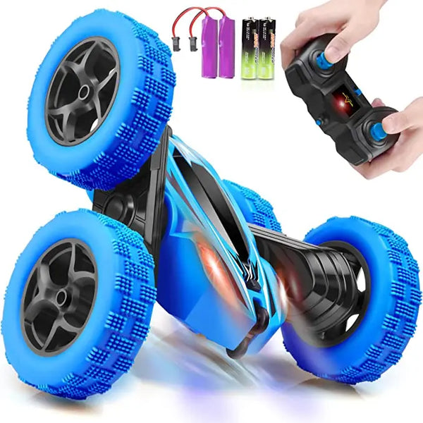 2.4GHz Double-Sided 360 Stunt Remote Control Car with bright blue wheels and remote control.