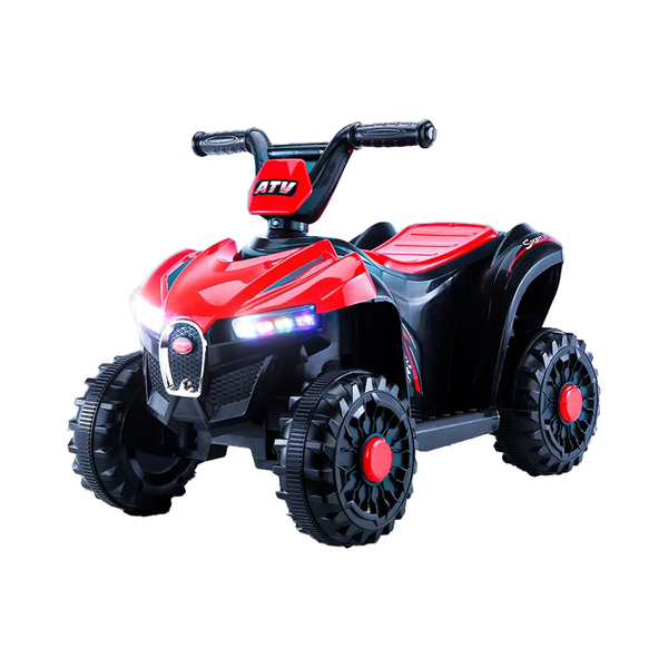 Battery Kids Car Parental Radio Control SUV, a stylish red ATV designed for kids with LED lights and durable wheels.