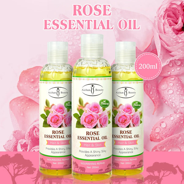 Pure Natural Rose Essential Oil bottles, 200ml, designed for hair and skin, enhancing beauty with nourishment.