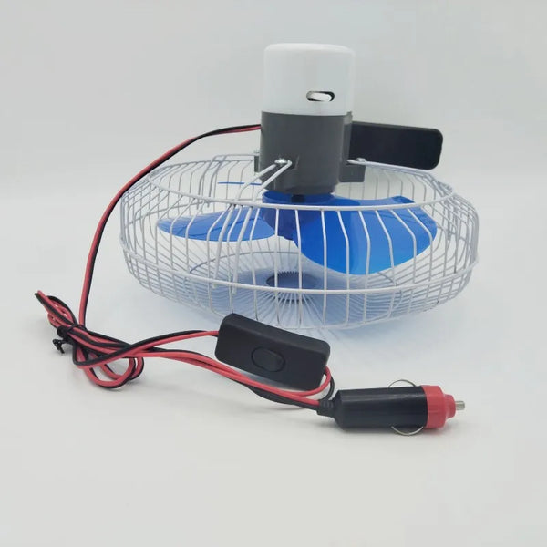 12V DC Portable Car Clip Fan with a blue blade and power cord for easy attachment to vehicles.