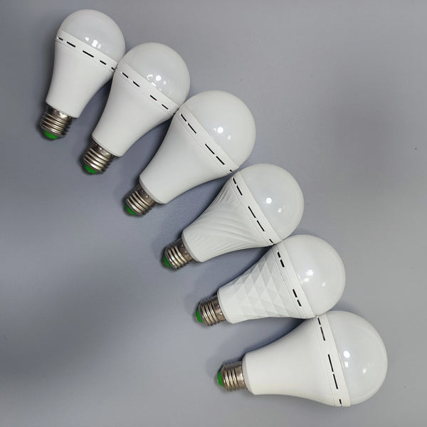 Collection of six white LED bulbs showcasing different designs and sizes, including a 20W Rechargeable Emergency LED Bulb.