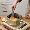 Multi-function Portable Stainless Steel Square Deep Fryer with net basket for frying and draining food.