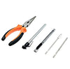 Tools from the 93 Piece Tire Repair Tool Set including pliers, a reamer, and various hand tools.