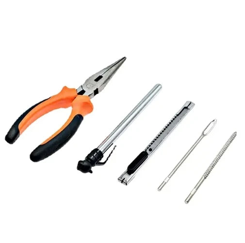 Tools from the 93 Piece Tire Repair Tool Set including pliers, a reamer, and various hand tools.