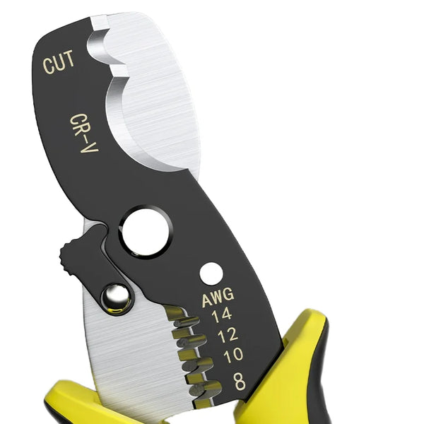 Close-up of blades on Universal Multi Function Cable Stripping Pliers showing cutting and crimping features.